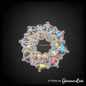 Vintage Aurora Borealis Clear AB Glass Beaded Cluster Wreath Brooch Pin